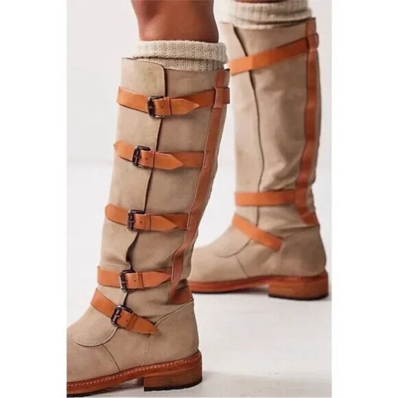 Free People Tristie Buckle Straps Knee High Boots Suede Lug - Picture 3 of 4